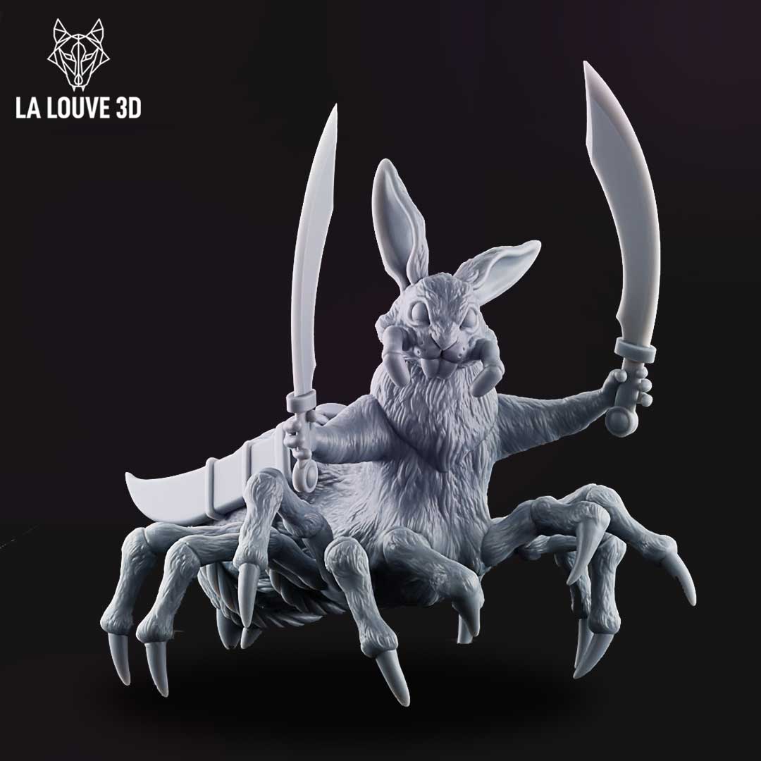 Front view of an unpainted grey resin Bunny Drider miniature — a rabbit-headed humanoid torso with dense sculpted fur, wielding twin curved blades, mounted on six splayed chitinous legs with long curved talons, shown against a dark background
