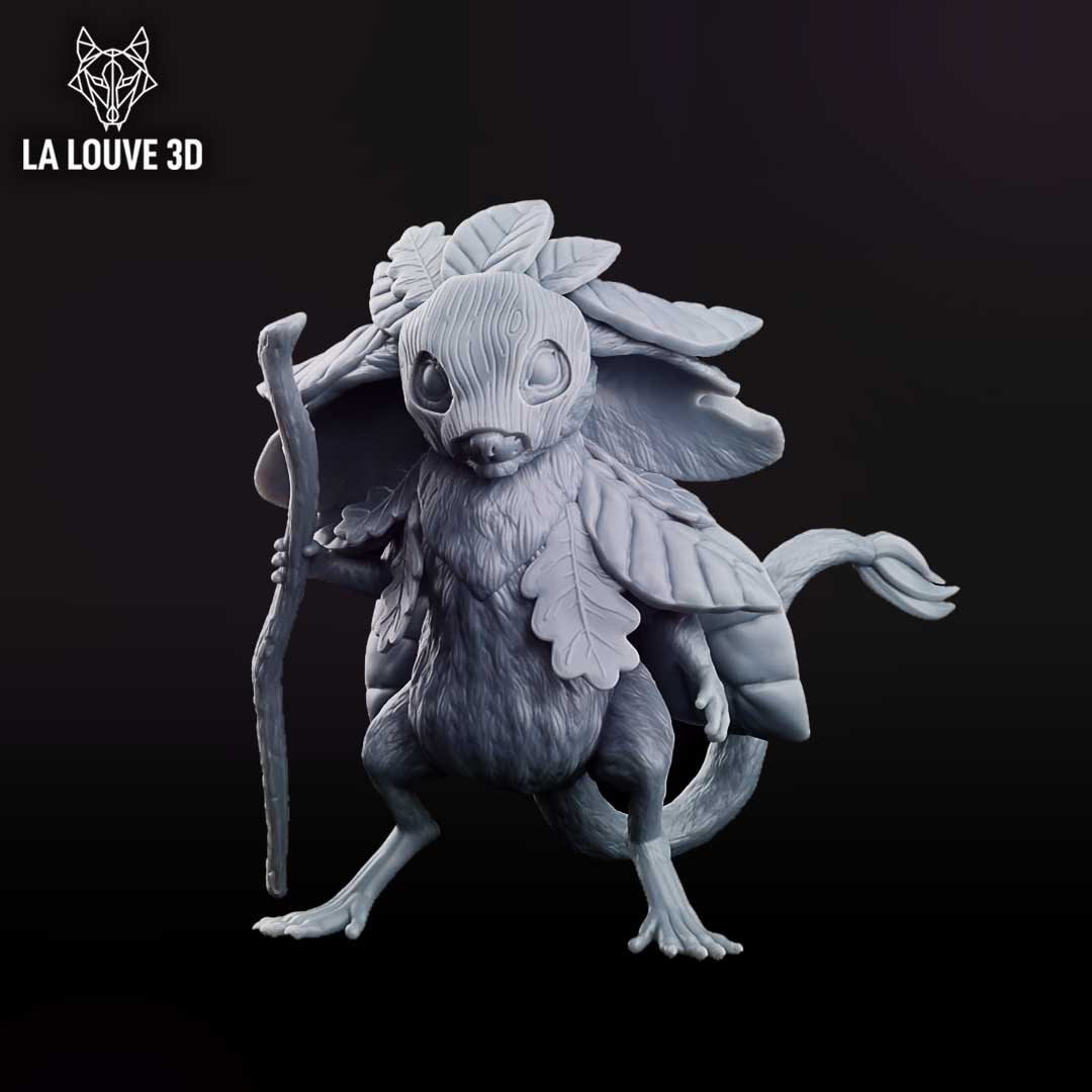Rear view of the jerboa creature showing a dense layered canopy of overlapping broad leaves covering its back and shoulders, with a slender curling furred tail and thin staff-bearing arm visible at the side. Sculpt by La Louve 3D.