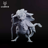 Rear view of the jerboa creature showing a dense layered canopy of overlapping broad leaves covering its back and shoulders, with a slender curling furred tail and thin staff-bearing arm visible at the side. Sculpt by La Louve 3D.