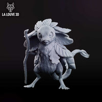 Rear view of the jerboa creature showing a dense layered canopy of overlapping broad leaves covering its back and shoulders, with a slender curling furred tail and thin staff-bearing arm visible at the side. Sculpt by La Louve 3D.