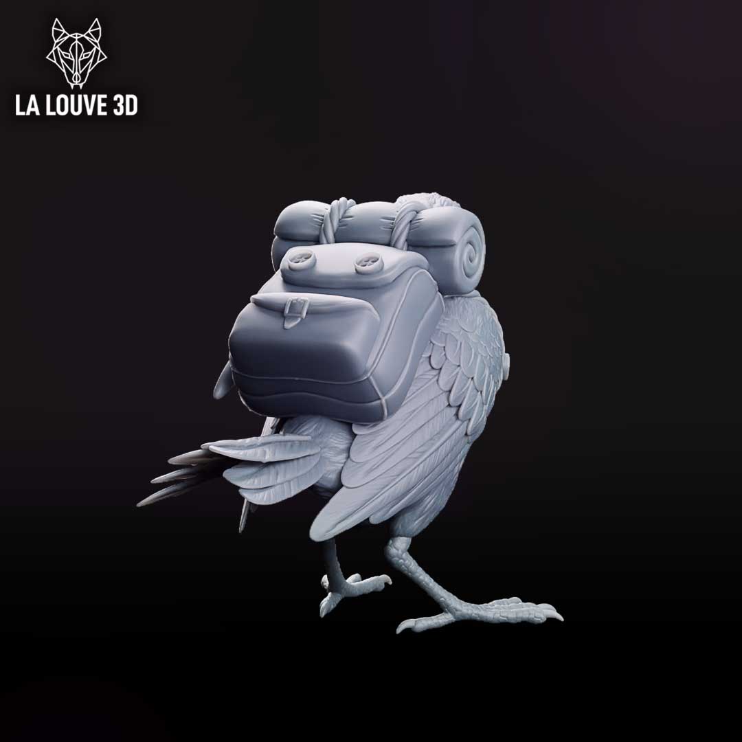 A small robin miniature standing upright, carrying a large adventurer's pack strapped to its back with a rolled bedroll, satchel pouches, and a canteen. A small bell hangs at its breast. Sculpt by La Louve 3D.