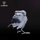 A small robin miniature standing upright, carrying a large adventurer's pack strapped to its back with a rolled bedroll, satchel pouches, and a canteen. A small bell hangs at its breast. Sculpt by La Louve 3D.