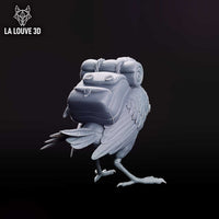 A small robin miniature standing upright, carrying a large adventurer's pack strapped to its back with a rolled bedroll, satchel pouches, and a canteen. A small bell hangs at its breast. Sculpt by La Louve 3D.