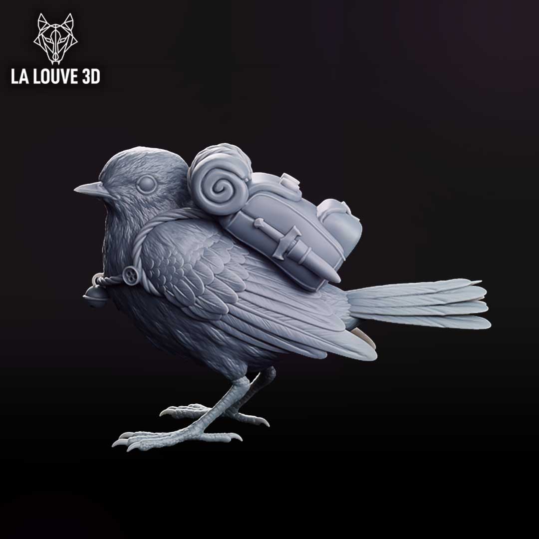 Rear and side view of the robin miniature showing the full bulk of the adventuring pack — padded pouches with button clasps, a rolled blanket, and a canteen, all secured across the bird's feathered back. Sculpt by La Louve 3D.