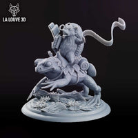 A small scaly hedgehog creature wearing goggles rides a giant frog, clutching a journal, with a pack loaded with books and a rolled bedroll. Marsh base with lily pads. La Louve 3D.