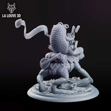 Rear view of the hedgehog rider showing a lute and bundle of books strapped to a bulging pack on its back, the frog mid-stride on a driftwood and lily-pad base. La Louve 3D.