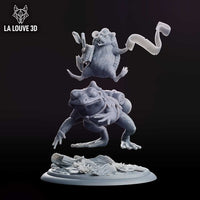 Exploded view showing the hedgehog rider figure and giant frog mount separated above the scenic marsh base with lily pads and a weathered log. La Louve 3D.