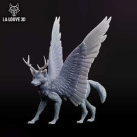 Winged wolf miniature with large spread feathered wings and branching stag antlers, dense layered fur across body, mid-stalk pose with weight forward. Sculpt by La Louve 3D.