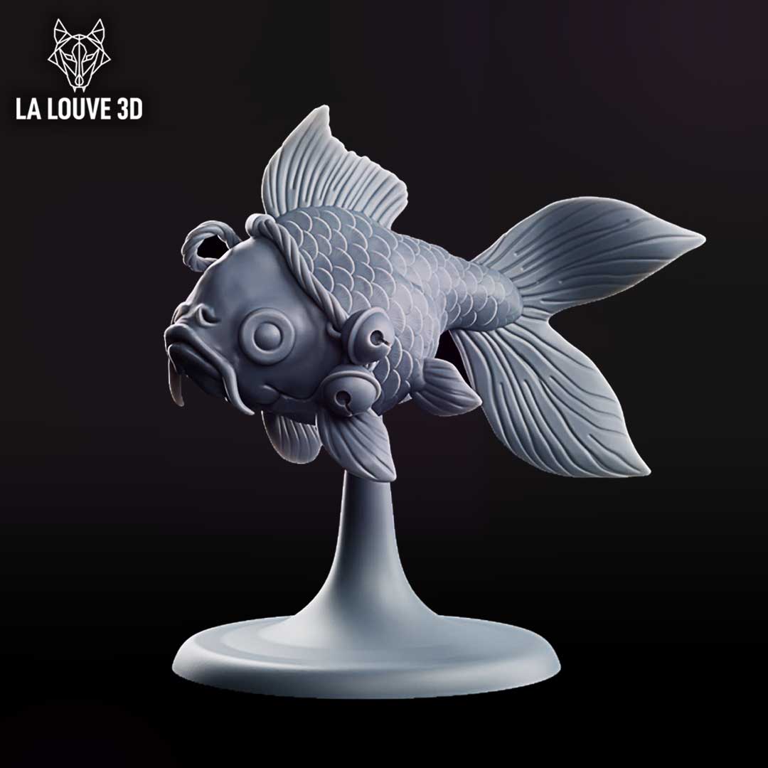 Chubby fantail fish miniature with wide round eyes and downturned mouth, adorned with small hanging bells and fine scale detail, mounted on a slender pedestal base. Sculpt by La Louve 3D.