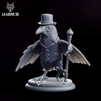 Raven miniature in a buttoned waistcoat, top hat and monocle, holding a cane in one wing, standing upright with wings spread. Sculpt by La Louve 3D.