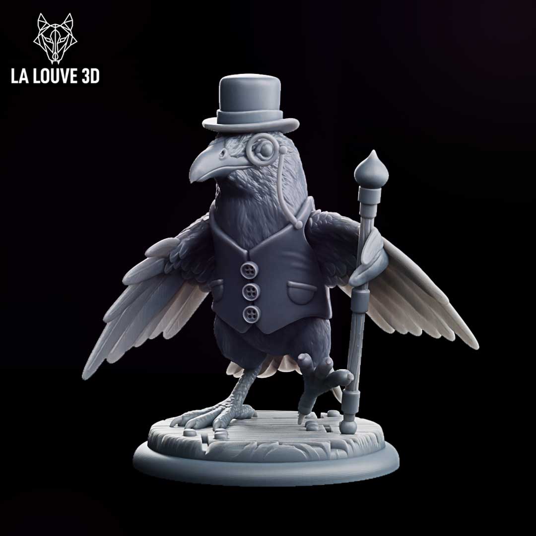 Raven miniature in a buttoned waistcoat, top hat and monocle, holding a cane in one wing, standing upright with wings spread. Sculpt by La Louve 3D.