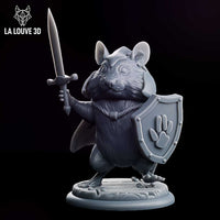 Chubby hamster paladin standing upright, raising a longsword in one hand and bracing a paw-emblem shield in the other, wearing a flowing cape. Sculpt by La Louve 3D.
