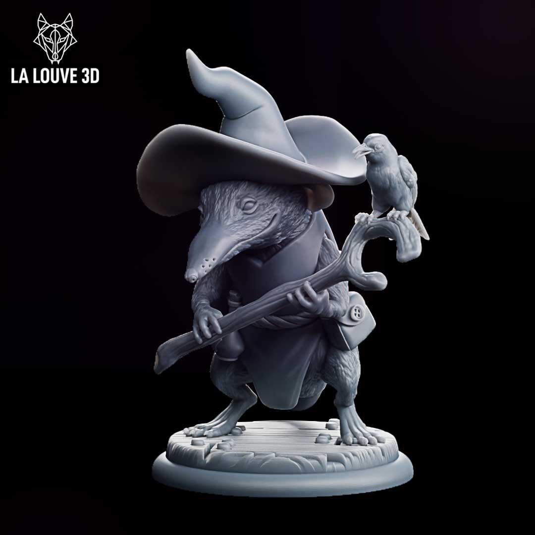 Hunched shrew miniature in a wide-brimmed witch's hat, gripping a forked staff with a raven perched on top, wearing a button-fastened robe. Sculpt by La Louve 3D.