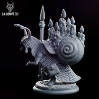 A small snail creature standing upright and gripping a tall spear, its large ribbed spiral shell covered with melting candles dripping wax. Sculpt by La Louve 3D.
