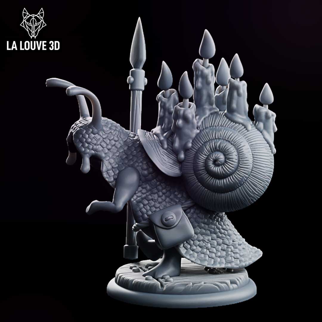 A small snail creature standing upright and gripping a tall spear, its large ribbed spiral shell covered with melting candles dripping wax. Sculpt by La Louve 3D.