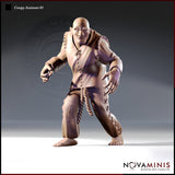 Front-facing digital render of Creepy Assistant 01 by Novaminis — a large bald humanoid in stitched tunic and trousers with a rope belt, one hand fisted and one hand grasping, standing in a wide threatening stance with bare feet, unpainted grey resin render