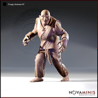 Front-facing digital render of Creepy Assistant 01 by Novaminis — a large bald humanoid in stitched tunic and trousers with a rope belt, one hand fisted and one hand grasping, standing in a wide threatening stance with bare feet, unpainted grey resin render