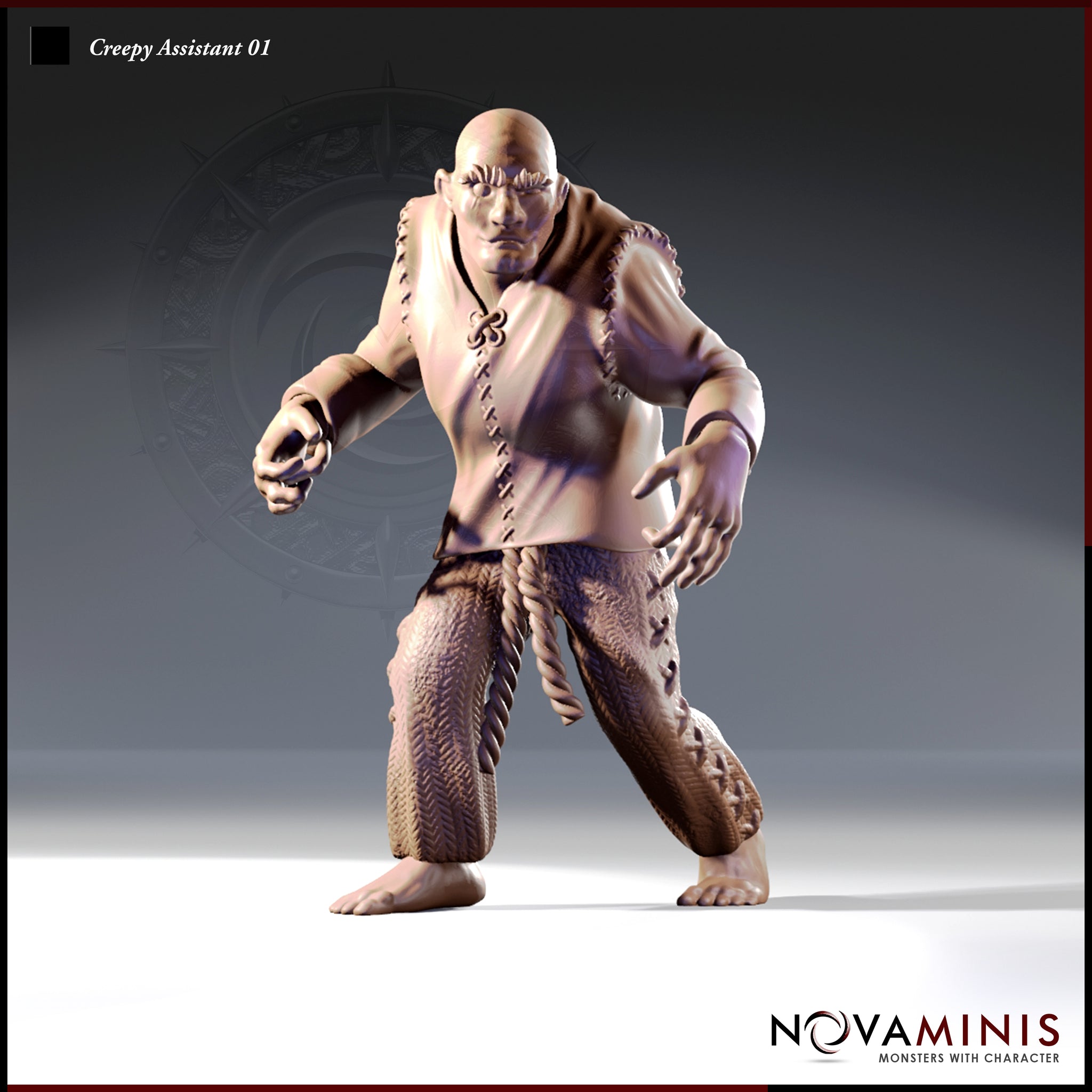 Front-facing digital render of Creepy Assistant 01 by Novaminis — a large bald humanoid in stitched tunic and trousers with a rope belt, one hand fisted and one hand grasping, standing in a wide threatening stance with bare feet, unpainted grey resin render