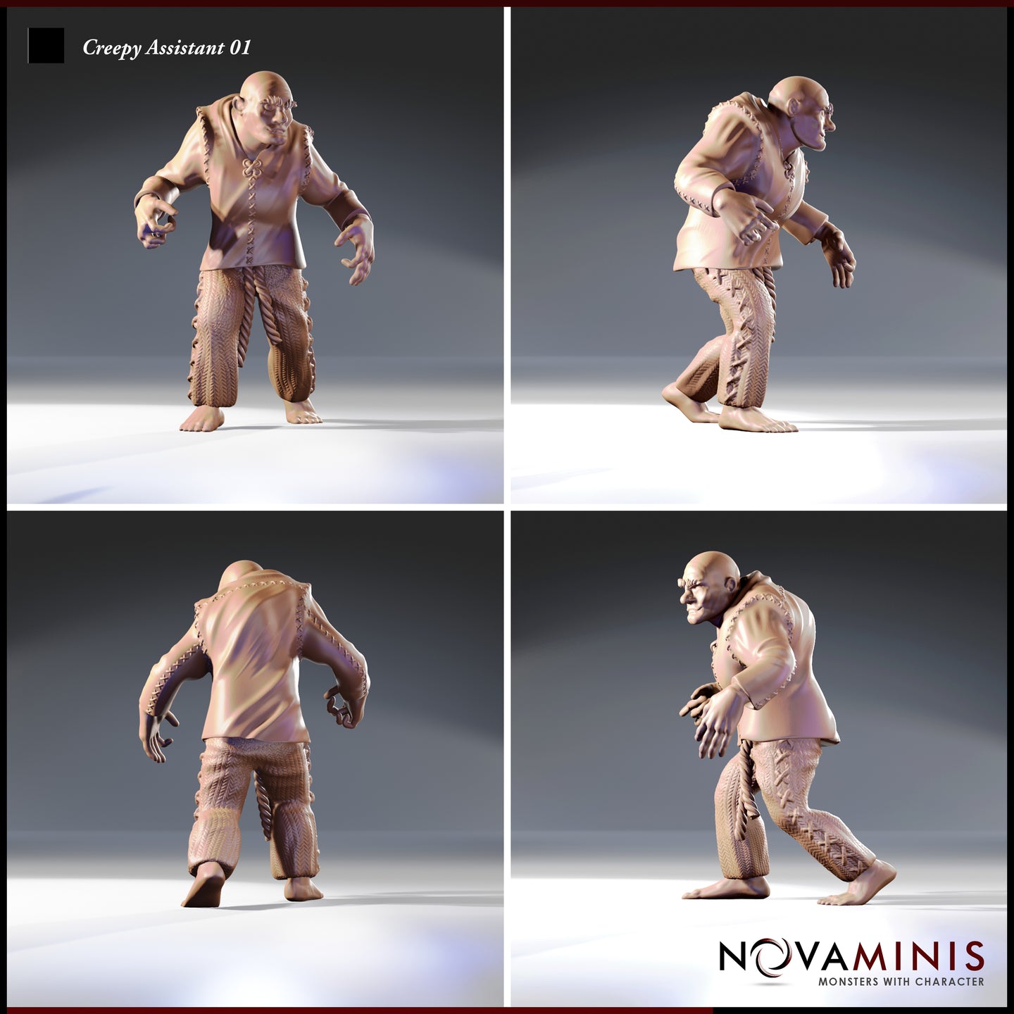 Four-angle digital render of Creepy Assistant 01 by Novaminis showing front, side, back, and three-quarter views of the hulking stitched-clothing figure — unpainted grey resin render highlighting rope belt detail, cross-stitch seams on clothing, and heavy bare-footed stance
