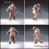 Four-angle digital render of Creepy Assistant 01 by Novaminis showing front, side, back, and three-quarter views of the hulking stitched-clothing figure — unpainted grey resin render highlighting rope belt detail, cross-stitch seams on clothing, and heavy bare-footed stance
