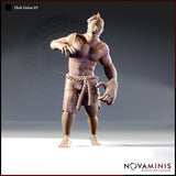 Digital render of Flesh Golem 03 by Novaminis — an unpainted 32mm resin miniature of a stitched flesh golem mid-lurch, bare-chested with visible suture lines across the torso and limbs, a rope belt at the waist, wild tufted hair, slack-jawed expression, and one arm reaching forward with splayed fingers
