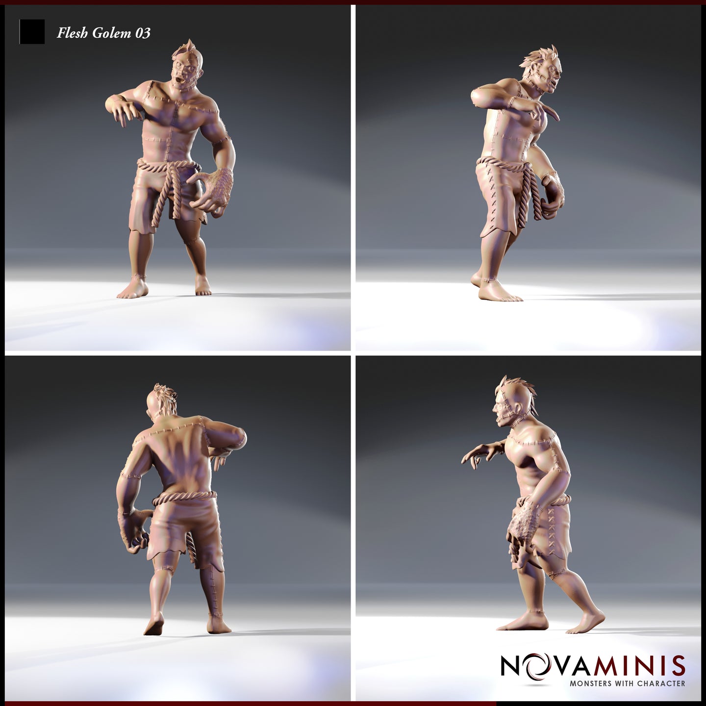 Four-angle digital render of Flesh Golem 03 by Novaminis showing front, side, back, and three-quarter views — unpainted resin miniature with detailed stitching across the body, rope belt, bare feet, and a reaching pose conveying slow forward momentum