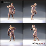 Four-angle digital render of Flesh Golem 03 by Novaminis showing front, side, back, and three-quarter views — unpainted resin miniature with detailed stitching across the body, rope belt, bare feet, and a reaching pose conveying slow forward momentum