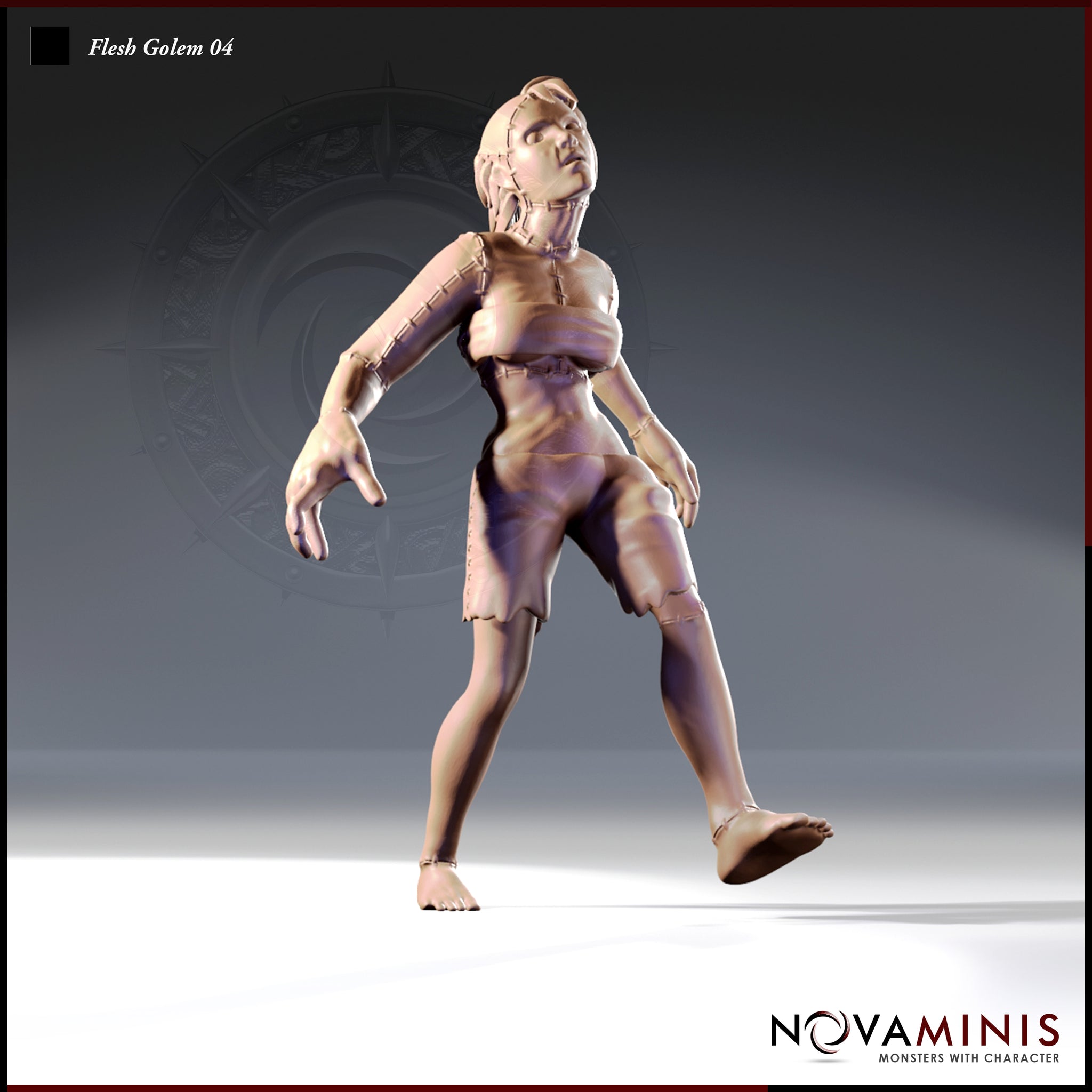32mm resin digital render of Flesh Golem 04 by Novaminis — a female-form construct stepping forward with arms outstretched, body covered in stitched suture lines across limbs, torso, and neck, unpainted grey resin finish, front three-quarter view