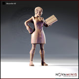 Front view digital render of Researcher 02 — a confident female figure with an elaborate braided updo, fitted button-through lab coat, one hand on hip and a stack of notes tucked under her other arm, unpainted 32mm Novaminis miniature