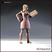 Front-facing digital render of Researcher 02 miniature by Novaminis — an unpainted resin sculpt of a confident woman in a button-up coat and knee-high boots, holding a large tome under her left arm with her right hand on her hip, braided hair swept back, 32mm scale