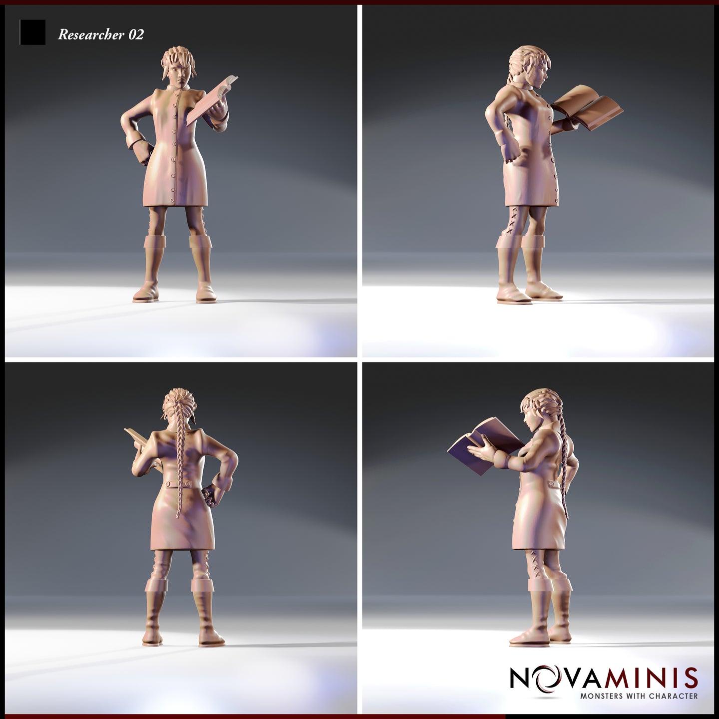 Four-angle digital render sheet of Researcher 02 by Novaminis showing front, three-quarter front, rear, and side profile views — unpainted resin miniature depicting a female researcher in a buttoned coat with laced boots, carrying a tome; rear view shows a long braided plait and a small pouch at the hip