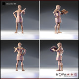 Four-angle digital render sheet of Researcher 02 by Novaminis showing front, three-quarter front, rear, and side profile views — unpainted resin miniature depicting a female researcher in a buttoned coat with laced boots, carrying a tome; rear view shows a long braided plait and a small pouch at the hip