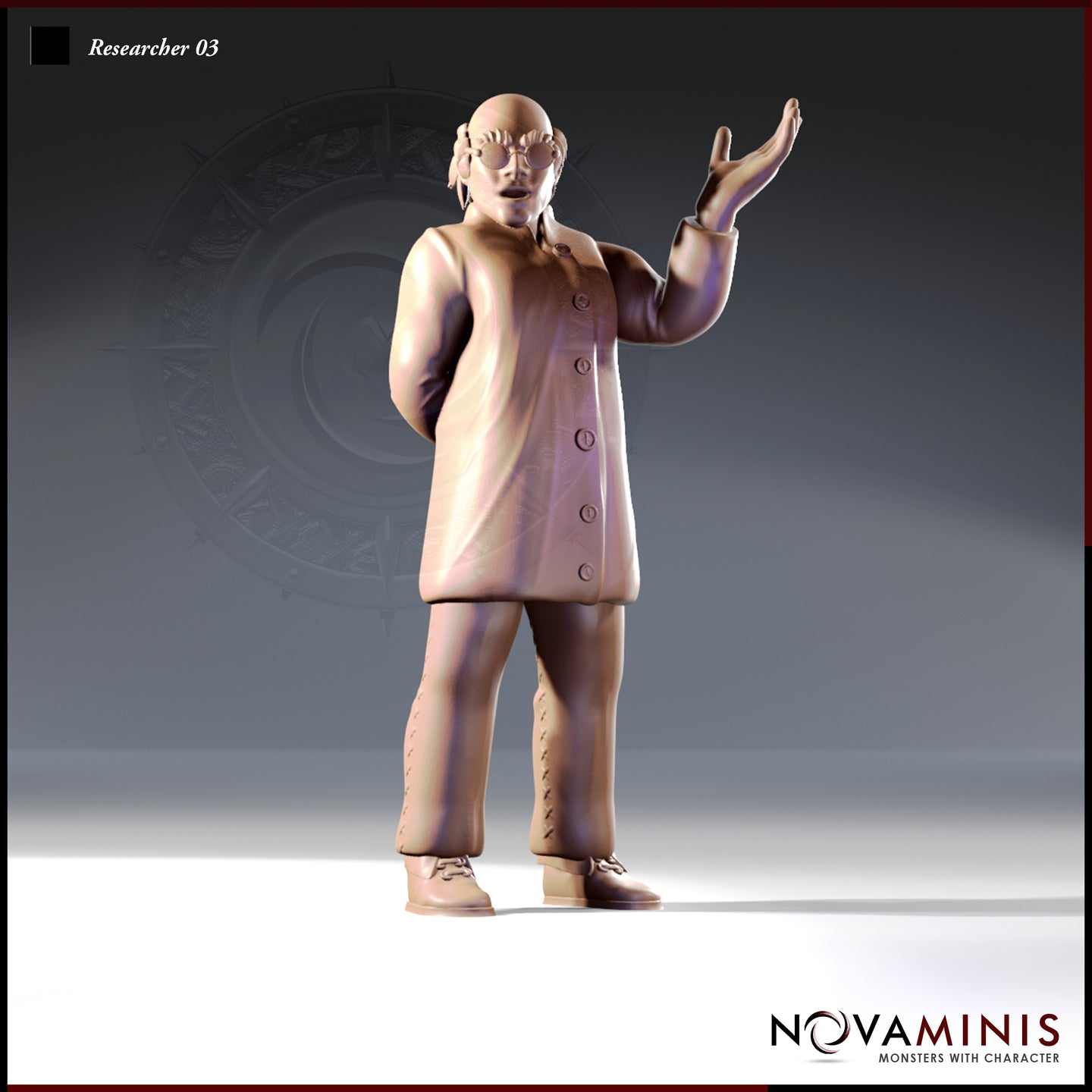 Front view of Researcher 03 miniature — a bald, heavyset human male in a long buttoned laboratory coat with round goggles on his head, one hand raised in a gesturing pose, 32mm scale unpainted resin render by Novaminis