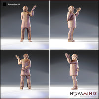 Four-angle view of Researcher 03 miniature showing front, back, and both sides — bald human researcher in laboratory coat mid-gesture, with visible coat button detailing, trouser stitching, and expressive open-handed pose, 32mm scale unpainted resin render by Novaminis