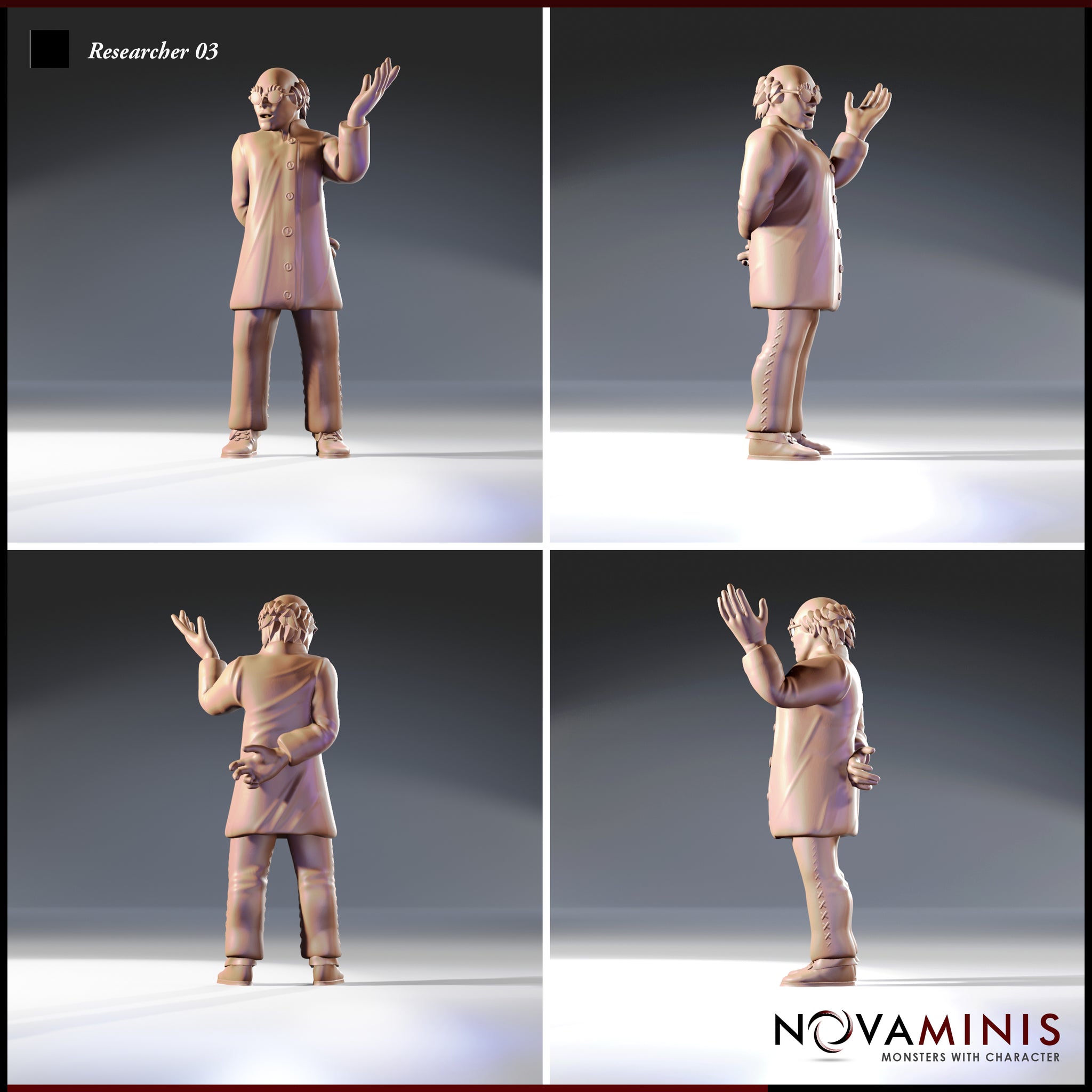 Four-angle view of Researcher 03 miniature showing front, back, and both sides — bald human researcher in laboratory coat mid-gesture, with visible coat button detailing, trouser stitching, and expressive open-handed pose, 32mm scale unpainted resin render by Novaminis