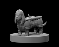 Grey resin 3D render of Lady Beatrice the Basset Hound Fighter — a fully armoured basset hound wearing a nasal helmet, segmented plate body armour with buckled straps, greaves on all four legs, and a large greatsword sheathed across her back, standing on a round base, viewed from a three-quarter front angle