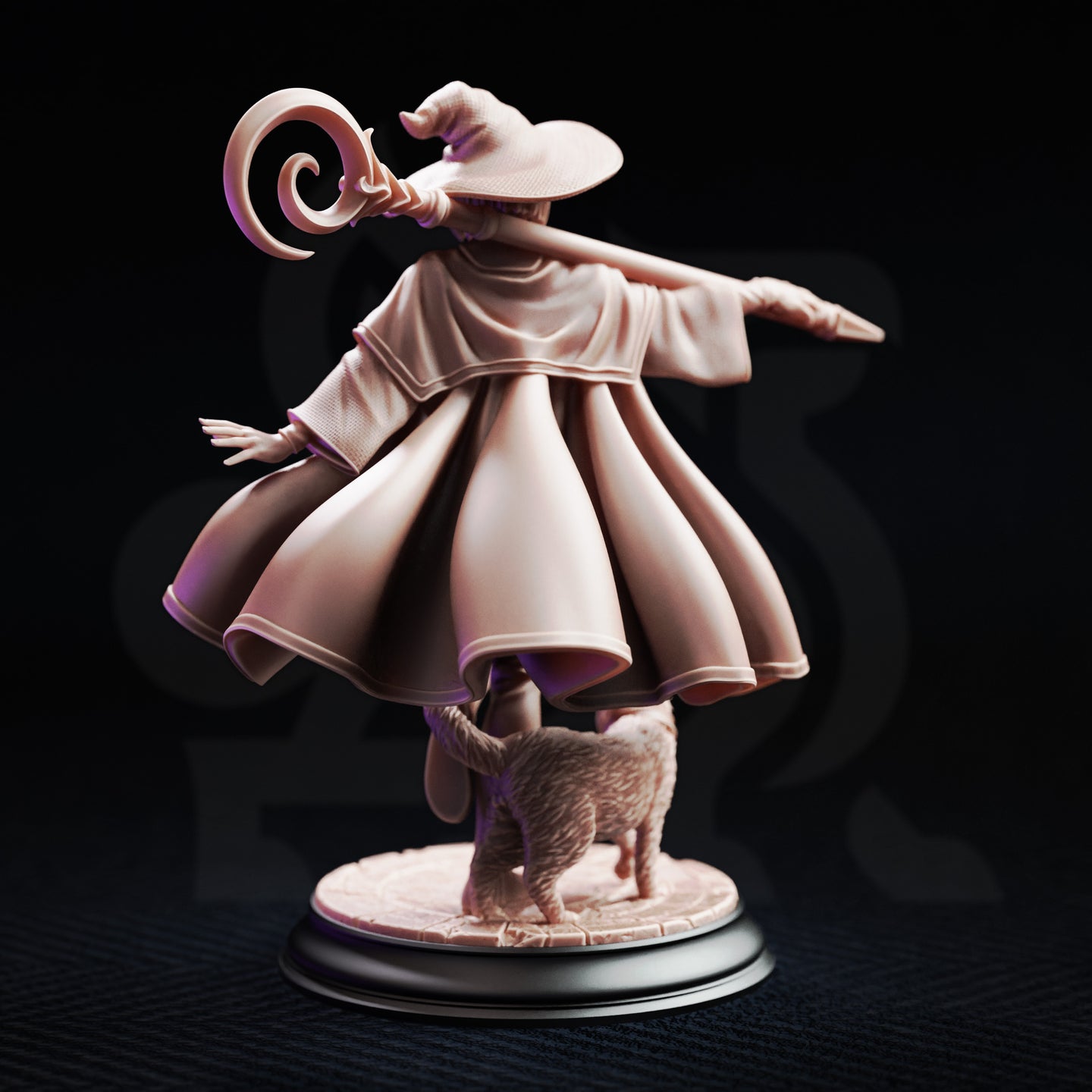 Rear view digital render of Lady Elara miniature showing the dramatic swept volume of her layered robes in motion, the spiral horn ornament on her hat, and her cat familiar's detailed fur texture on the engraved circular base