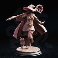 Three-quarter front digital render of Lady Elara miniature showing her mid-stride pose with one leg raised, wand extended in her right hand and left hand outstretched, her cloak billowing wide, with the fluffy cat familiar weaving beside her on the rune-engraved base