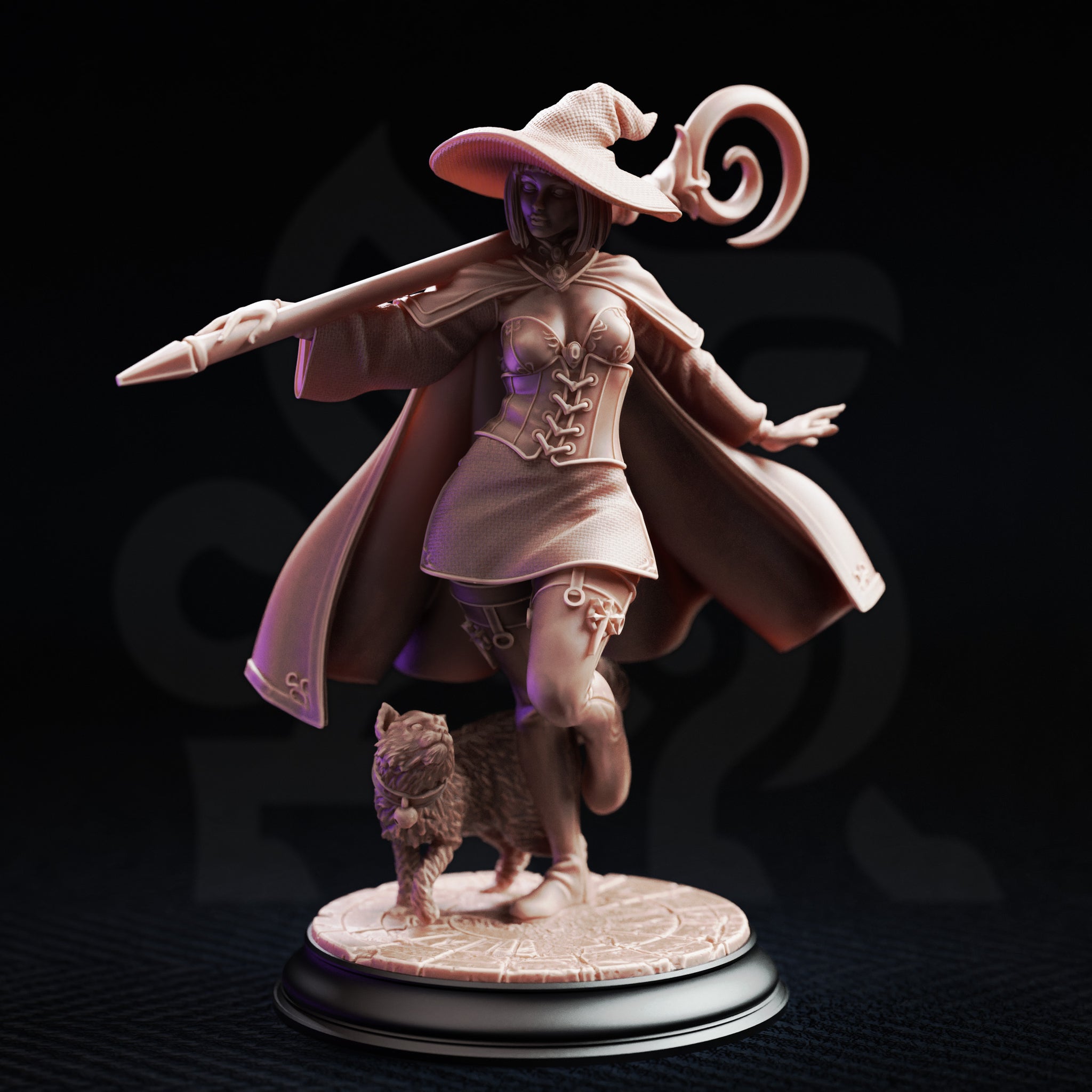 Three-quarter front digital render of Lady Elara miniature showing her mid-stride pose with one leg raised, wand extended in her right hand and left hand outstretched, her cloak billowing wide, with the fluffy cat familiar weaving beside her on the rune-engraved base