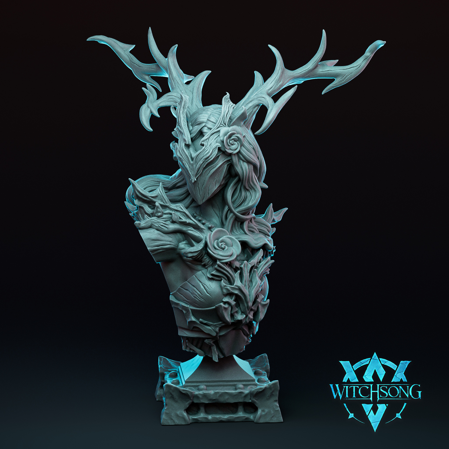 Digital render of the Lady of the Grove bust by Witchsong Miniatures — an unpainted grey resin display bust depicting a masked female figure with branching antlers, flowing hair entwined with roses, and armour sculpted from bark and leaves, mounted on a decorative stone plinth, shown against a dark background with teal atmospheric lighting