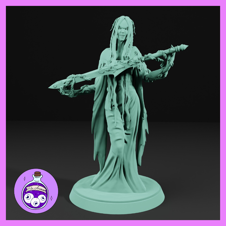 Digital render of the Lady of the Lake miniature by Ella's Arcanum Minis — an unpainted grey-green resin sculpt of a gaunt, grinning female figure with wild dreadlocked hair, tattered robes, and a gnarled staff held horizontally across her body, mounted on a round base, at 32mm scale