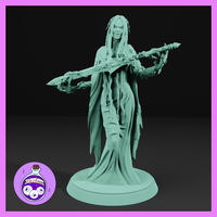 Digital render of the Lady of the Lake miniature by Ella's Arcanum Minis — an unpainted grey-green resin sculpt of a gaunt, grinning female figure with wild dreadlocked hair, tattered robes, and a gnarled staff held horizontally across her body, mounted on a round base, at 32mm scale