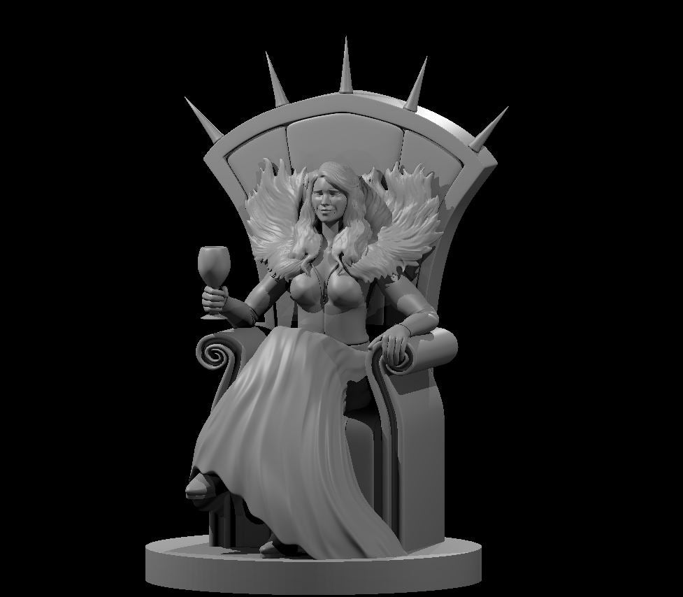 Grey resin 3D printed miniature of a winged noblewoman seated on a tall spiked throne, holding a goblet in her right hand, with feathered wings spread behind her and a flowing skirt — 32mm scale D&D miniature by MZ4250, unpainted digital render