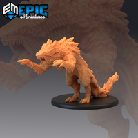 Landshark miniature by Epic Miniatures — bipedal scaled predator lunging forward, one clawed foreleg extended, jaws wide open, dorsal spines raised along neck and back.