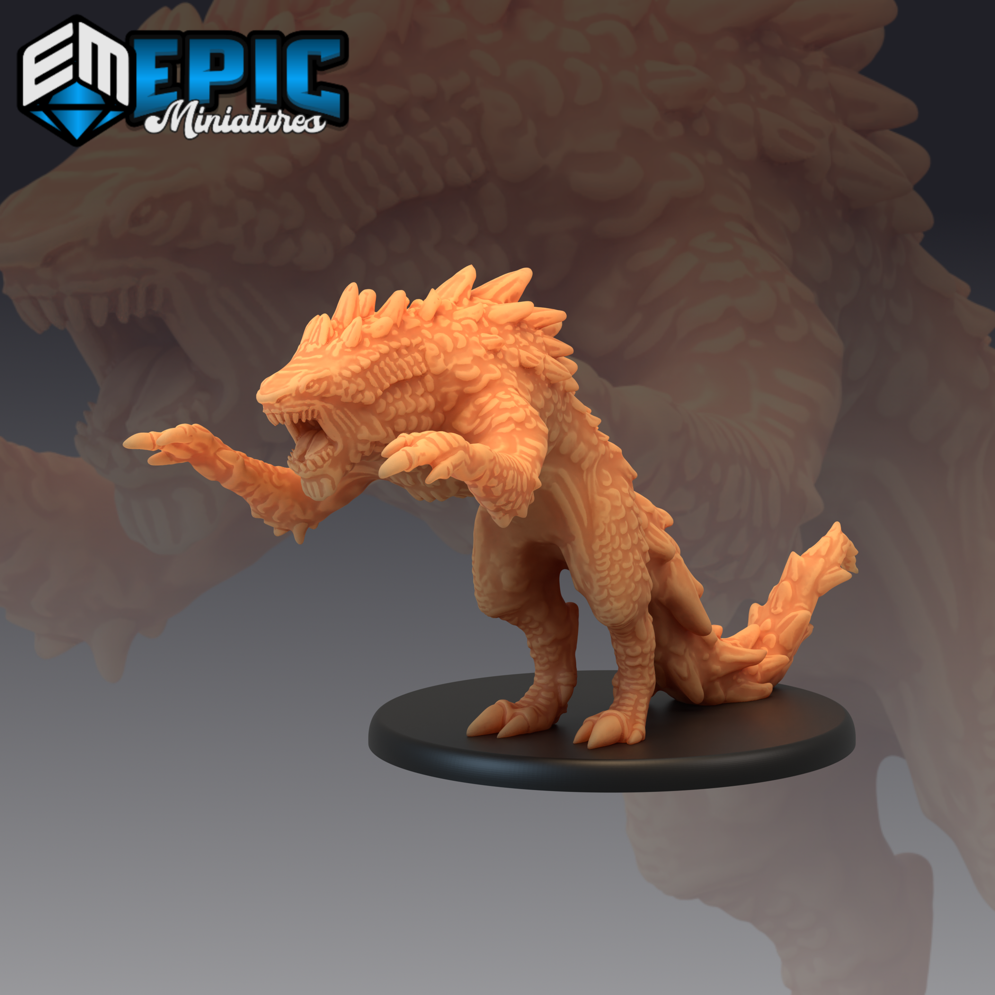 Landshark miniature by Epic Miniatures — bipedal scaled predator lunging forward, one clawed foreleg extended, jaws wide open, dorsal spines raised along neck and back.