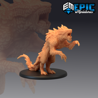 Ferocious landshark sculpt rearing upright, jaws wide open mid-roar, one clawed forelimb raised and curled, covered in dense overlapping scales with a crown of spines. By Epic Miniatures.