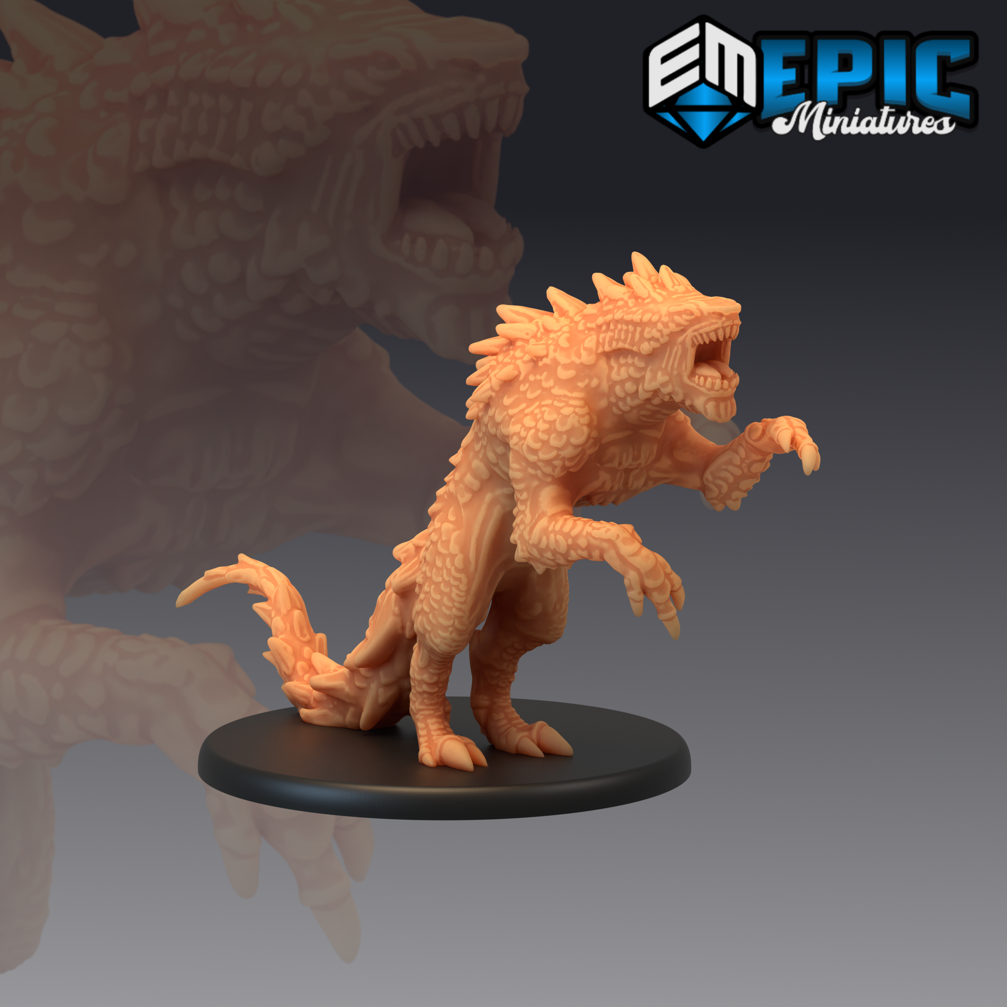 Ferocious landshark sculpt rearing upright, jaws wide open mid-roar, one clawed forelimb raised and curled, covered in dense overlapping scales with a crown of spines. By Epic Miniatures.