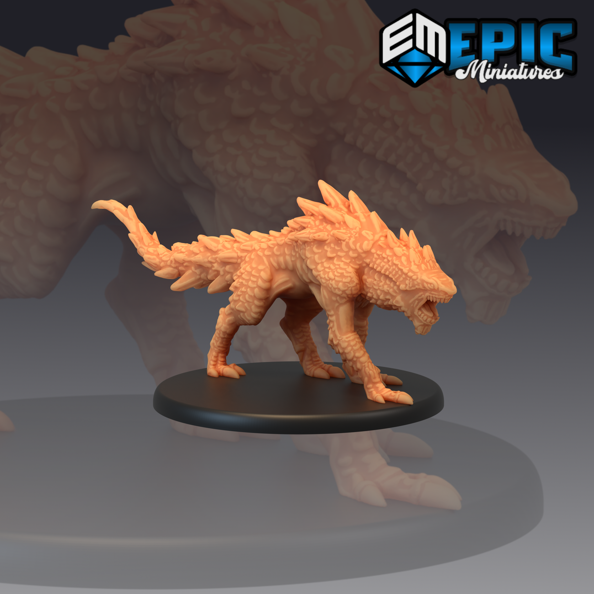Landshark miniature by Epic Miniatures — a quadrupedal scaled predator with a spined crest, open snarling jaws, and clawed feet, posed low in a stalking stance on a round base.