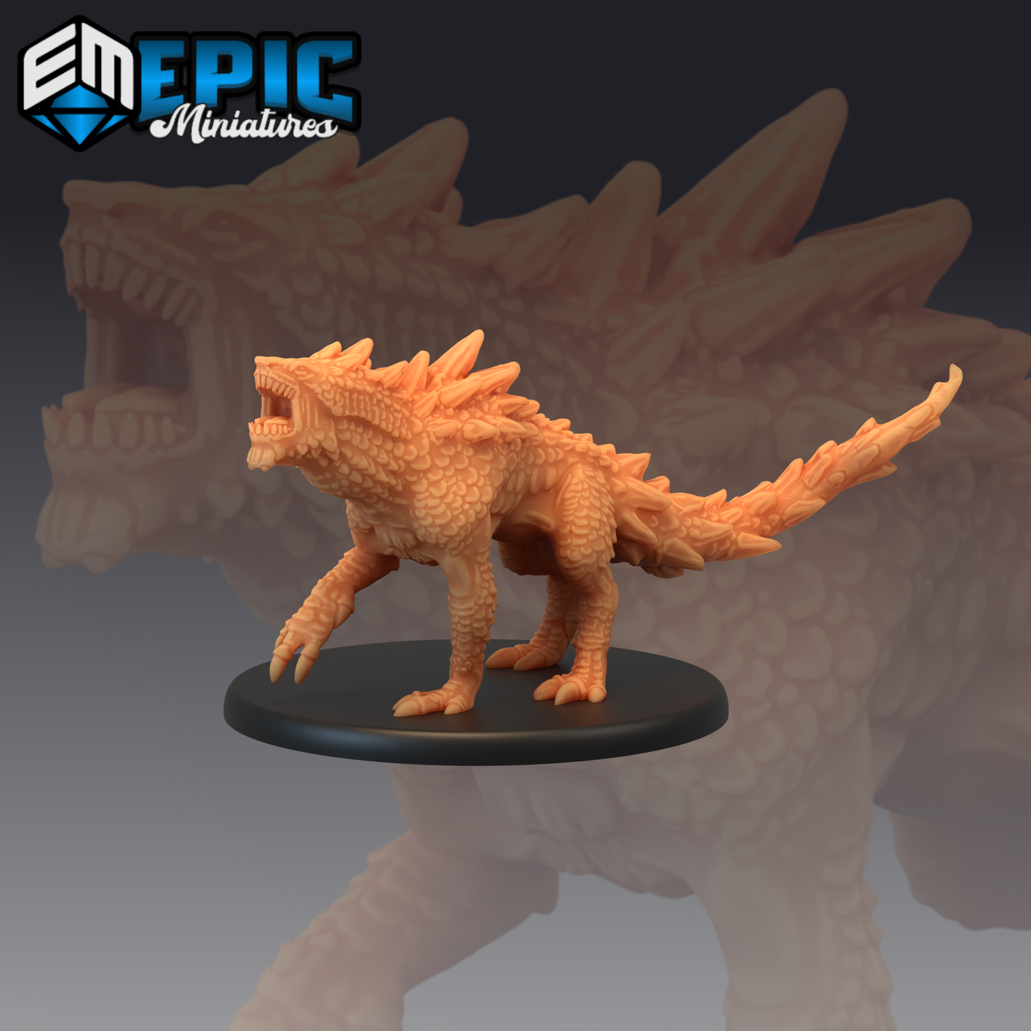 Heavily scaled quadrupedal creature with a wide-open roaring jaw, large curved claws on the forelimbs, and a row of sharp ridge-spines running from skull to tail. Sculpt by Epic Miniatures.