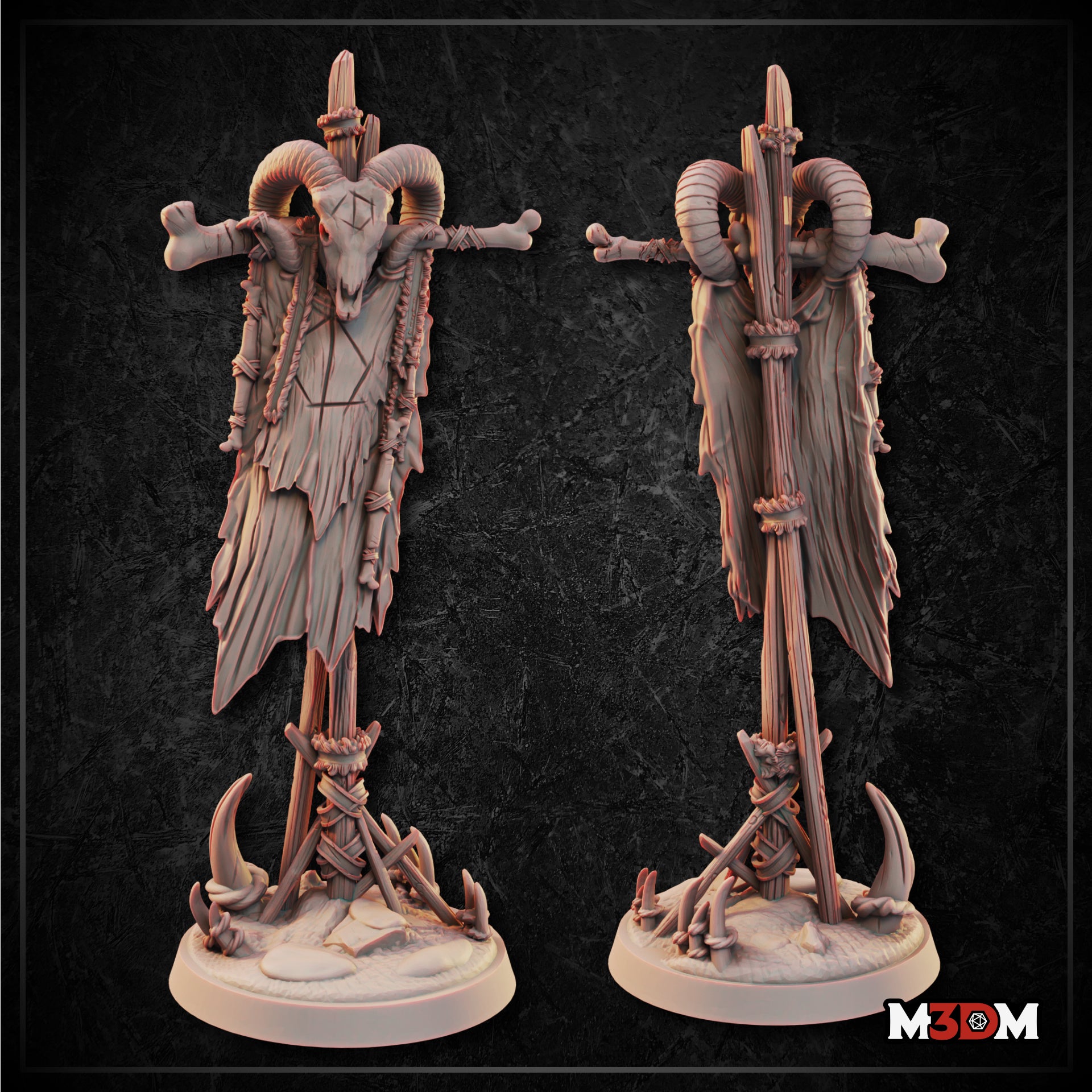 Front and rear views of a tall pole banner topped with a horned ram skull, bones dangling from the crossbeam, lashed antlers at the base, tattered leather hides hanging below the skull. Sculpt by Mia Kay M3DM.
